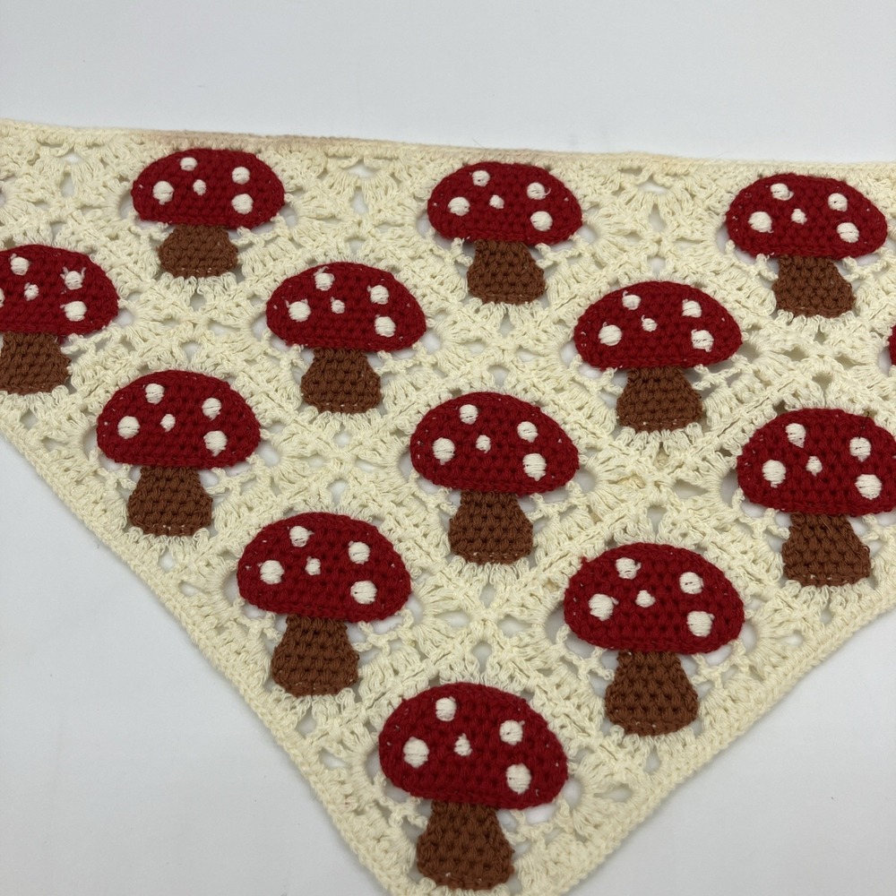 Crochet Mushroom Bandana Hair Kerchief Cottagecore Boho Head Scarf Red Cream Hip - Picture 7 of 10